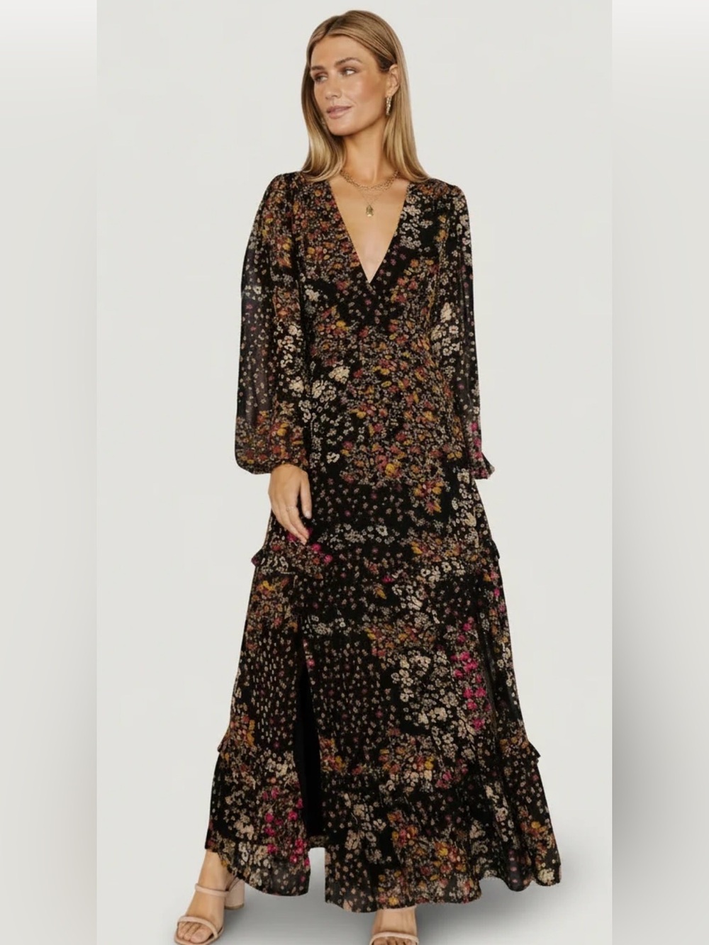 Flowing Black Floral Maxi Dress with V-Neck